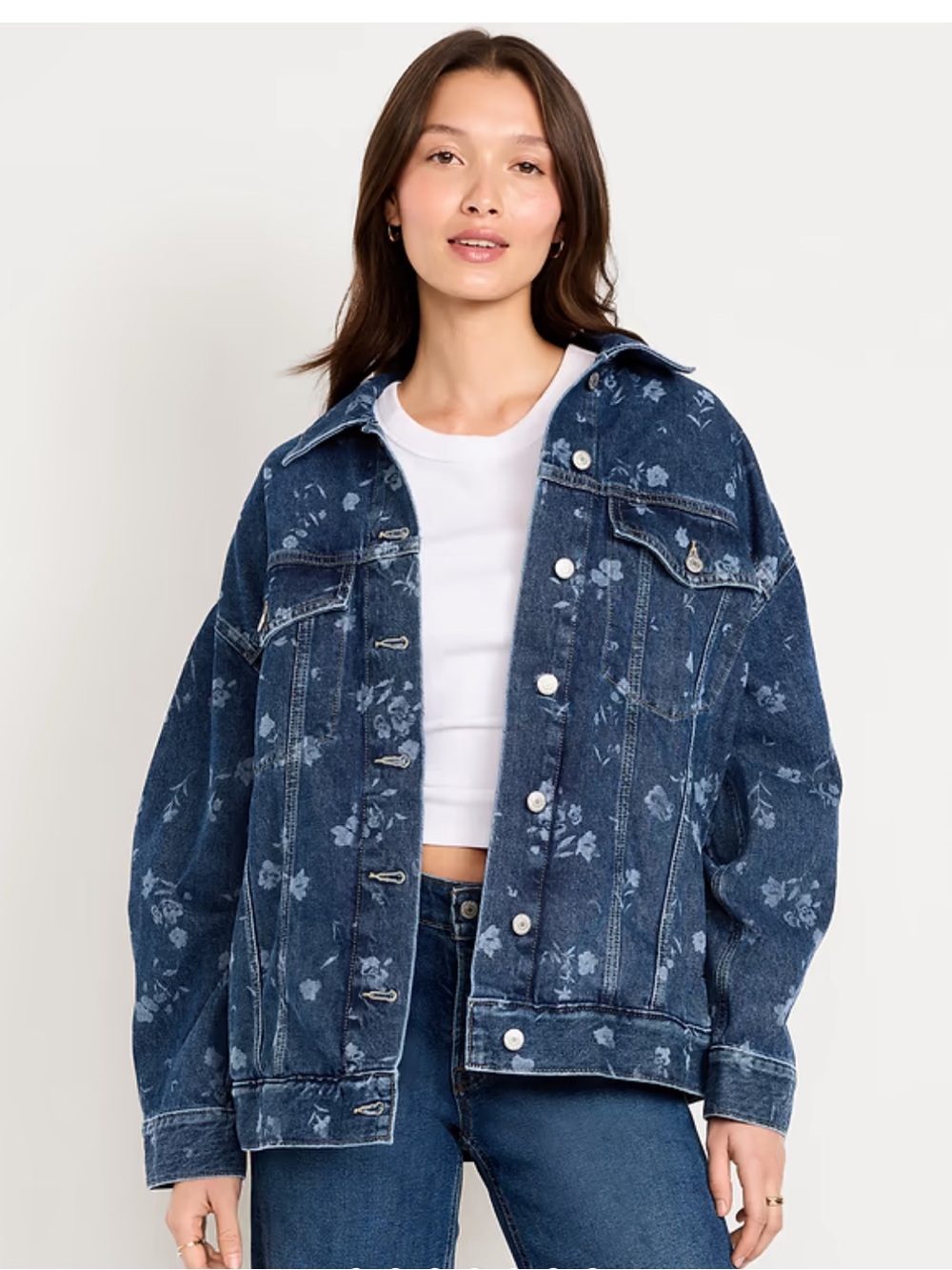 OLD NAVY Oversized Floral Bleach-Effect Denim Jacket - Blue NWT